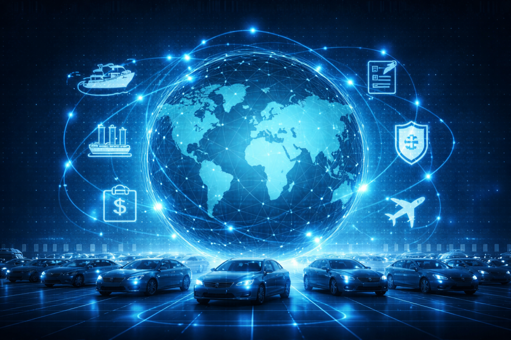 Global vehicle import and export responsibility framework showing exporter, shipping carrier, and importer roles in international car trade from China